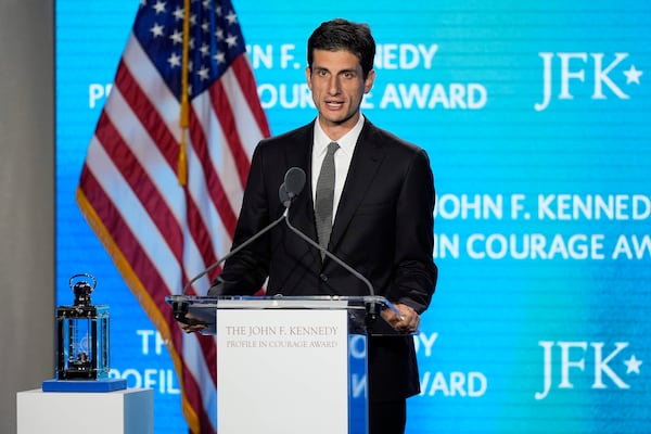 Jack Schlossberg speaks at the John F. Kennedy Profile in Courage Award ceremony at the JFK Library, Sunday, May 4, 2025, in Boston. (AP Photo/Robert F. Bukaty)