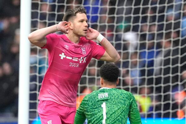 Ipswich Town's George Hirst celebrates scoring during the English FA Cup fourth round soccer match between Coventry City and Ipswich Town at the Coventry Building Society Arena, Coventry, England, Saturday Feb. 8, 2025. (Nick Potts/PA via AP)