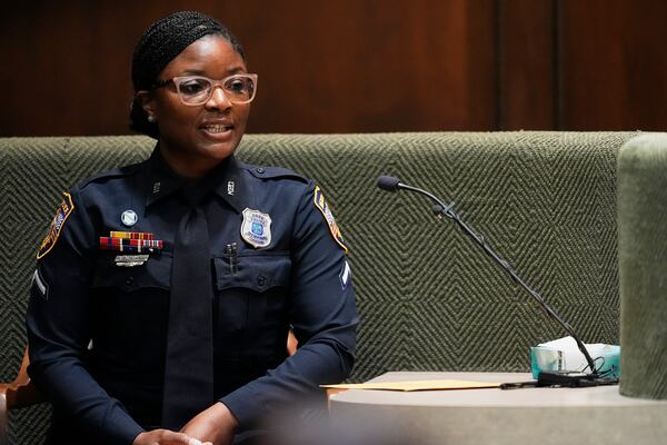 Memphis Police Officer Rodresha Mackey testifies during the trial of three former police officers accused in the 2023 fatal beating of Tyre Nichols, Wednesday, April 30, 2025, in Memphis, Tenn. (AP Photo/George Walker IV, Pool)