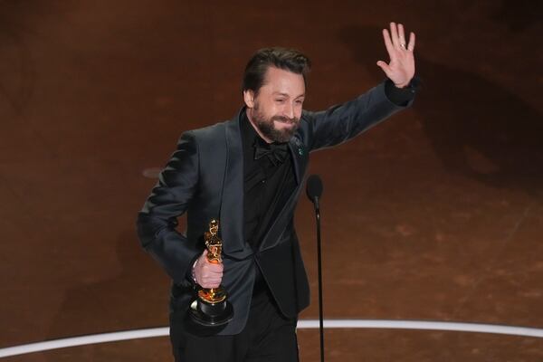 Kieran Culkin accepts the award for best performance by an actor in a supporting role for "A Real Pain" during the Oscars on Sunday, March 2, 2025, at the Dolby Theatre in Los Angeles. (AP Photo/Chris Pizzello)