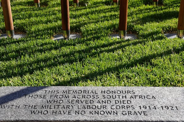 A memorials plaque dedicated to more than 1,700 Black South African servicemen who died in non-combatant roles in World War I and have no known grave, in Cape Town, South Africa, Wednesday, Jan. 22, 2025. (AP Photo/Nardus Engelbrecht)