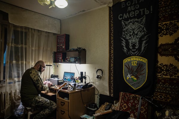 A Ukrainian soldier repairs a FPV drone in a drone repair workshop close to the front line near Siversk, Donetsk region, Ukraine, Thursday, Feb. 6, 2025. (AP Photo/Roman Chop)