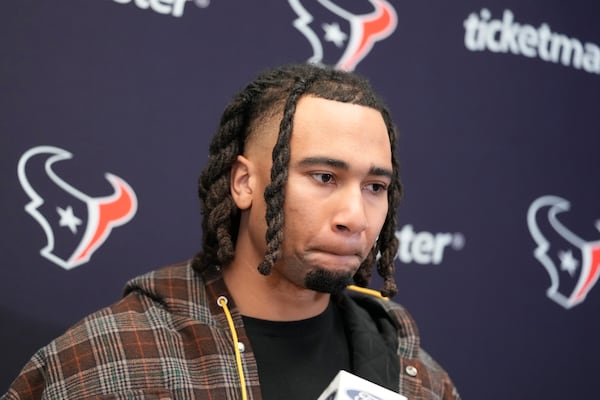 Houston Texans quarterback C.J. Stroud speaks during a news conference following an NFL football game against the Kansas City Chiefs Saturday, Dec. 21, 2024, in Kansas City, Mo. The Chiefs won 27-19. (AP Photo/Ed Zurga)