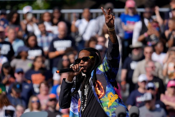 FIle - 2 Chainz performs at a campaign rally for Democratic presidential nominee Vice President Kamala Harris outside the Atlanta Civic Center, Saturday, Nov. 2, 2024. (AP Photo/Brynn Anderson, File)