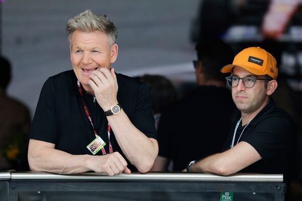 Gordon Ramsay watches the Formula One Miami Grand Prix auto race Sunday, May 4, 2025, in Miami Gardens. Fla. (Shawn Thew/Pool Photo via AP)