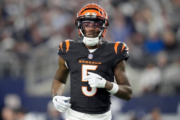 FILE - Cincinnati Bengals wide receiver Tee Higgins lines up against the Dallas Cowboys during an NFL football game in Arlington, Texas, Dec. 9, 2024. (AP Photo/Tony Gutierrez, File)