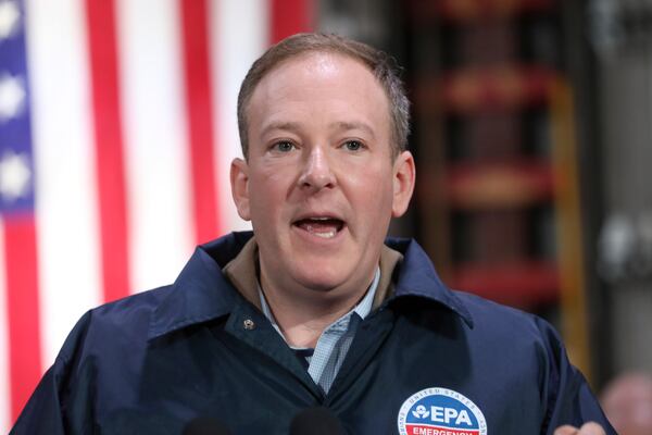 EPA Administrator Lee Zeldin speaks as Vice President JD Vance visits the East Palestine Fire Department in East Palestine, Ohio, Monday, Feb. 3, 2025. (Rebecca Droke/Pool Photo via AP)