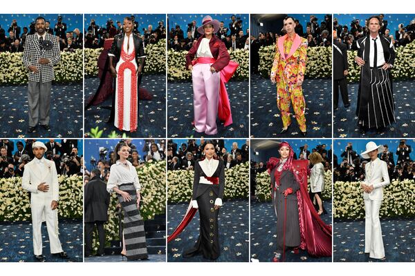 This combination photo shows fashion worn by Colman Domingo, top row from left, Ayo Edebiri, Tracee Ellis Ross, Cole Escola, Walton Goggins, bottom row from left, Lewis Hamilton, Anne Hathaway, Mindy Kaling, Teyana Taylor and Zendaya, at The Metropolitan Museum of Art's Costume Institute benefit gala on May 5, 2025, in New York. (Photo by Evan Agostini/Invision/AP)