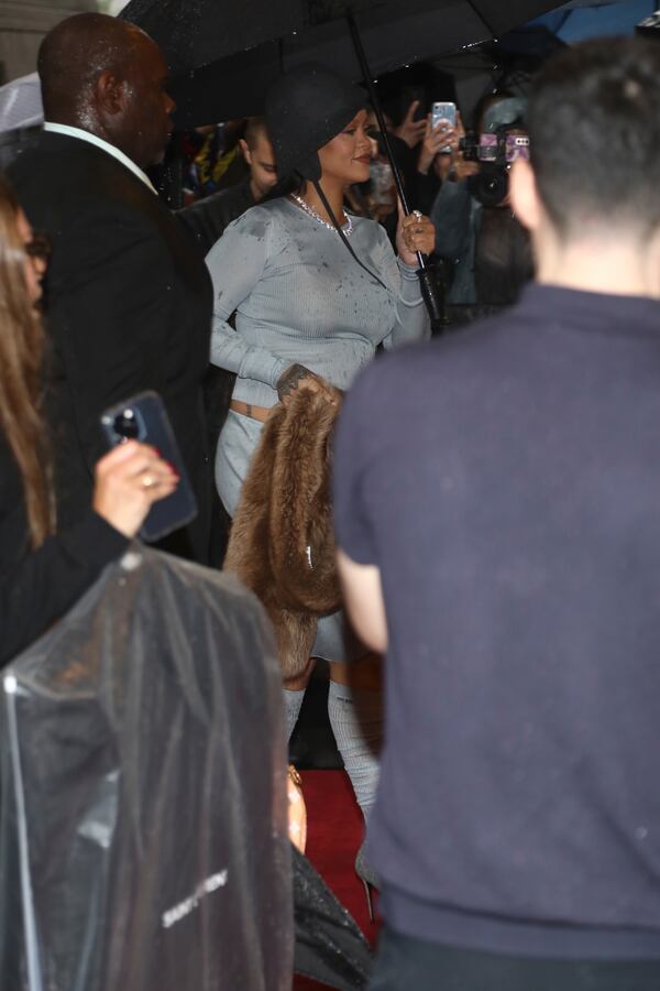 Rihanna departs The Carlyle Hotel prior to attending The Metropolitan Museum of Art's Costume Institute benefit gala celebrating the opening of "Superfine: Tailoring Black Style" on Monday, May 5, 2025, in New York. (Photo by Andy Kropa/Invision/AP)