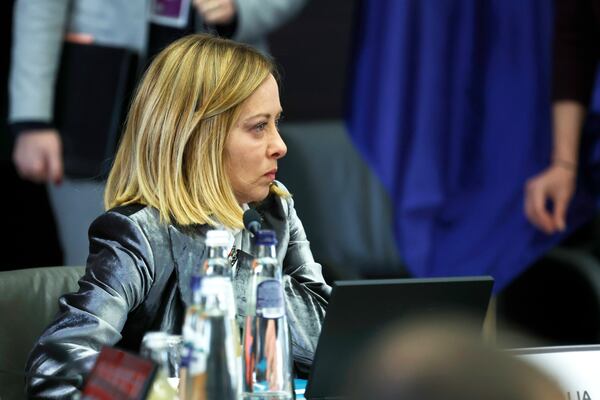 Italy's Prime Minister Giorgia Meloni attends a round table meeting during an EU summit at the Egmont Palace in Brussels, Monday, Feb. 3, 2025. (AP Photo/Geert Vanden Wijngaert)