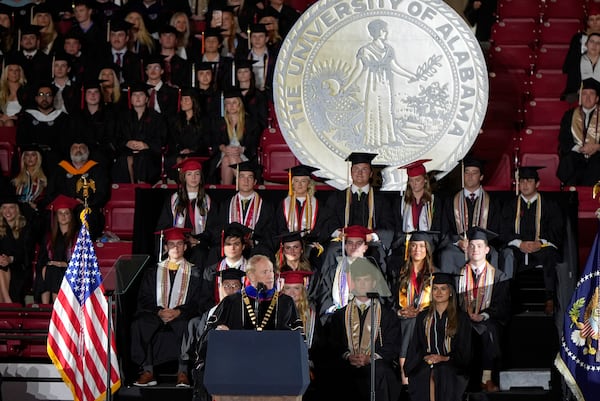 University of Alabama president Stuart Bell speaks before President Donald Trump arrives to give a commencement address at the University of Alabama, Thursday, May 1, 2025, in Tuscaloosa, Ala. (AP Photo/Mike Stewart)