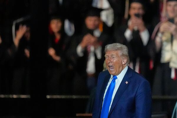 President Donald Trump yells after giving a commencement address at the University of Alabama, Thursday, May 1, 2025, in Tuscaloosa, Ala. (AP Photo/Mike Stewart)