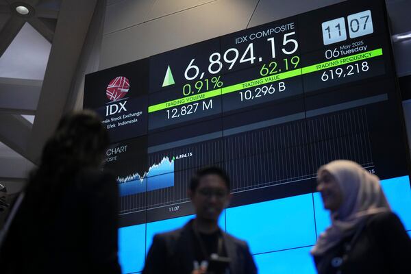 People stand near an electronic board displaying stock prices at the Indonesia Stock Exchange in Jakarta, Indonesia, Tuesday, May 6, 2025. (AP Photo/Achmad Ibrahim)
