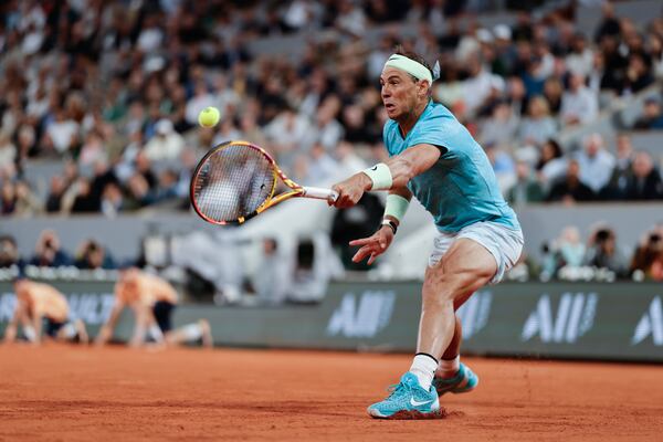 FILE - Spain's Rafael Nadal plays a shot against Germany's Alexander Zverev during their first round match of the French Open tennis tournament at the Roland Garros stadium in Paris, May 27, 2024. (AP Photo/Jean-Francois Badias, File)