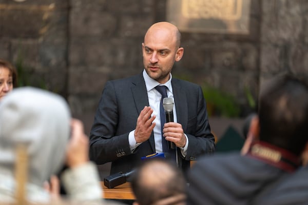 French Foreign Minister Jean-Noel Barrot meets with representatives of civil society during an official visit, in Damascus, Syria, Friday, Jan. 3, 2025. (AP Photo/Mosa'ab Elshamy)