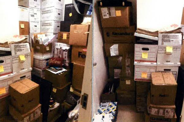 FILE - This image, contained in the report from special counsel Robert Hur, shows boxes in a storage closet at the Penn Biden Center in Washington, in March 2021. (Justice Department via AP)