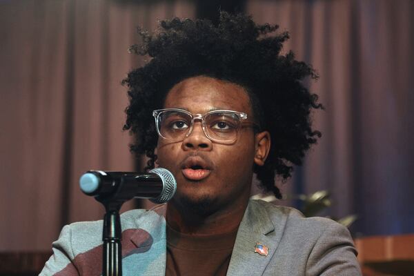 Young Voters Association President, Nathan Duguid, 19, speaks during a Town Hall and voter registration for school board elections at the Bethany Baptist Church, Saturday, Feb. 1, 2025, in Newark, N.J. (AP Photo/Andres Kudacki)