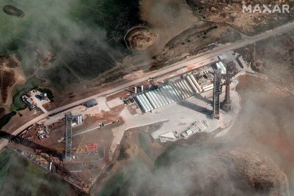 This photo provided by Maxar Technologies shows the SpaceX Starship on the launch pad in Boca Chica, Texas, on Thursday, Jan. 16, 2025. (Maxar Technologies via AP)