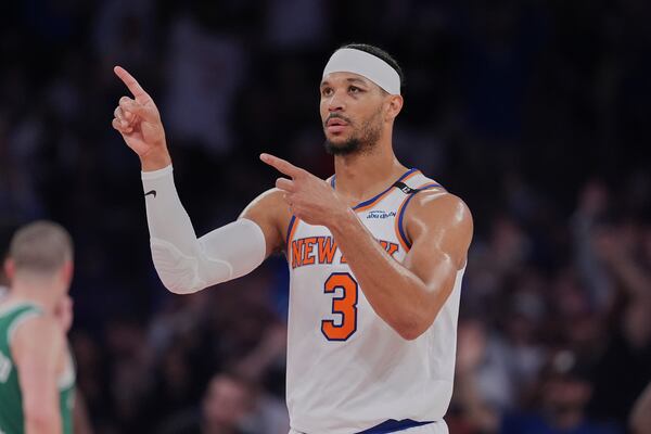 New York Knicks' Josh Hart (3) gestures after Boston Celtics' Jaylen Brown (7) fouls out during the second half of Game 6 in the Eastern Conference semifinals of the NBA basketball playoffs Friday, May 16, 2025, in New York. (AP Photo/Frank Franklin II)