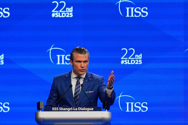 U.S. Defense Secretary Pete Hegseth delivers his speech during 22nd Shangri-La Dialogue summit in Singapore, Saturday, May 31, 2025. (AP Photo/Anupam Nath)