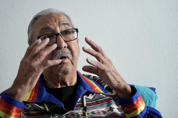 Leonard Peltier speaks during an interview in Belcourt, N.D, on Tuesday, Feb. 25, 2025. (AP Photo/Mark Vancleave)