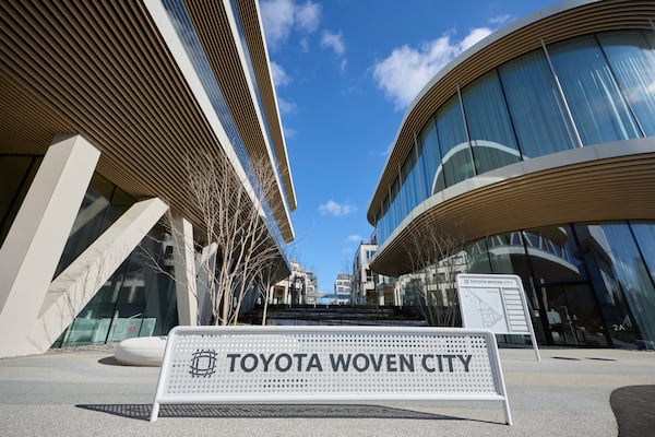 This photo provided by Woven by Toyota shows the sign of Toyota Woven City in Susono city, Shizuoka Prefecture on Feb. 2025. (Woven by Toyota via AP)