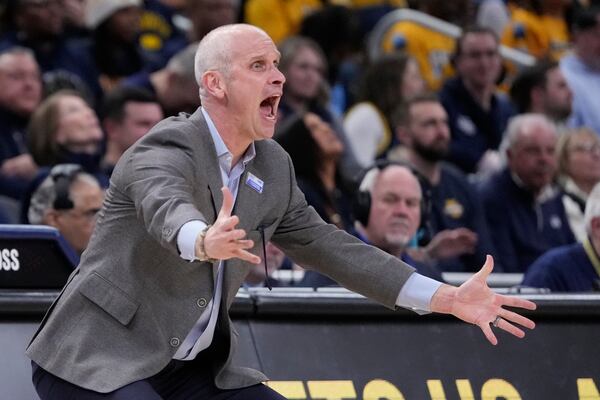 UConn head coach Dan Hurley reacts during the second half of an NCAA college basketball game against Marquette Saturday, Feb. 1, 2025, in Milwaukee. (AP Photo/Morry Gash)