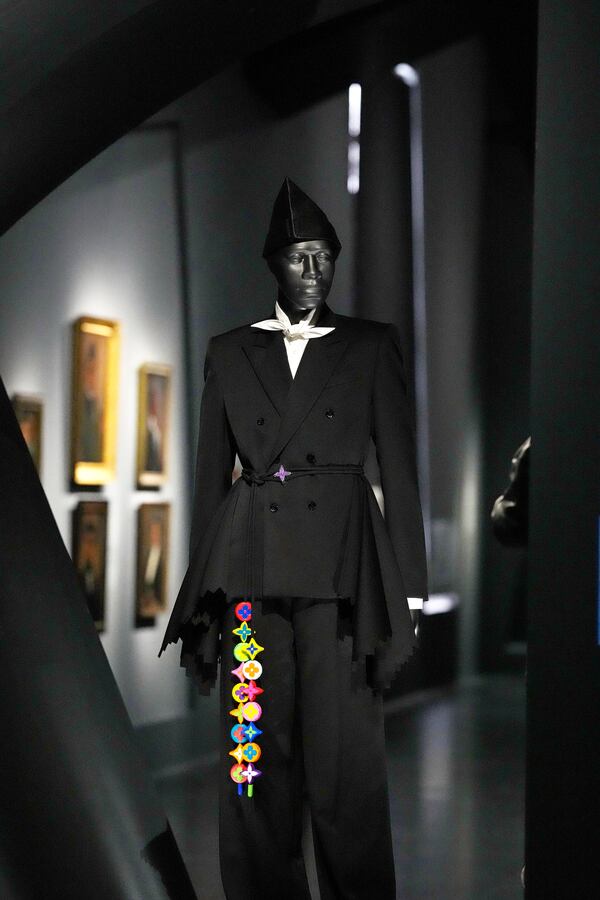 A design by Louis Vuitton is displayed at the Metropolitan Museum of Art's Costume Institute exhibition, "Superfine: Tailoring Black Style," on Saturday, May 3, 2025, in New York. (Photo by Charles Sykes/Invision/AP)