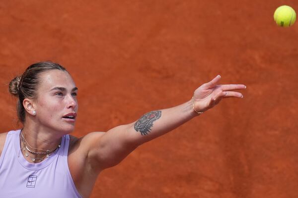 Aryna Sabalenka of Belarus serves to Anastasia Potapova of Russia during the Italian Open tennis tournament in Rome, Friday May 9, 2025. (Alfredo Falcone/LaPresse via AP)
