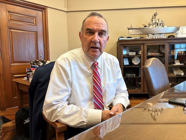 FILE - Missouri Lt. Gov. Mike Kehoe speaks in his Capitol office in Jefferson City, Mo., Dec. 6, 2024. (AP Photo/David A. Lieb, File)