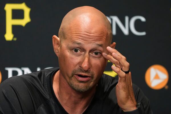 Don Kelly, the Pittsburgh Pirates new manager, talks with reporters before a baseball game against the Atlanta Braves in Pittsburgh, Friday, May 9, 2025. (AP Photo/Gene J. Puskar)