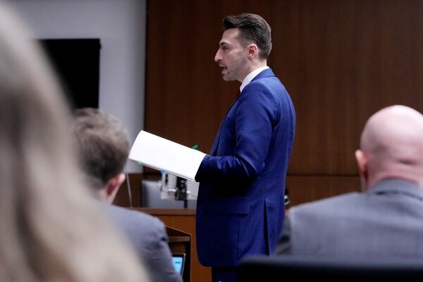 Lake County's assistant public defender Anton Trizna asks questions during the jury selection for the trial of Robert E. Crimo III., at the Lake County Courthouse, Waukegan, Ill., Monday, Feb. 24, 2025. (AP Photo/Nam Y. Huh, Pool)