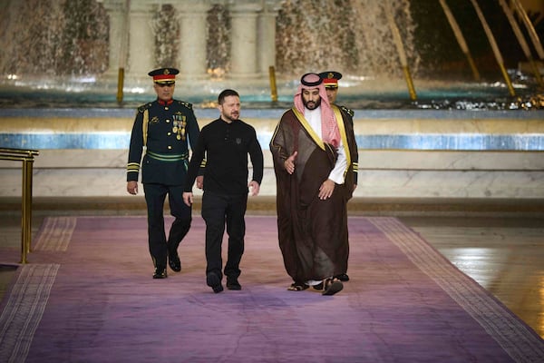 In this photo provided by the Ukrainian Presidential Press Office, Ukrainian President Volodymyr Zelenskyy meets with Saudi's Crown Prince Mohammed bin Salman at the Royal Palace in Riyadh, Saudi Arabia, Monday, March 10, 2025. (Ukrainian Presidential Press Office via AP)