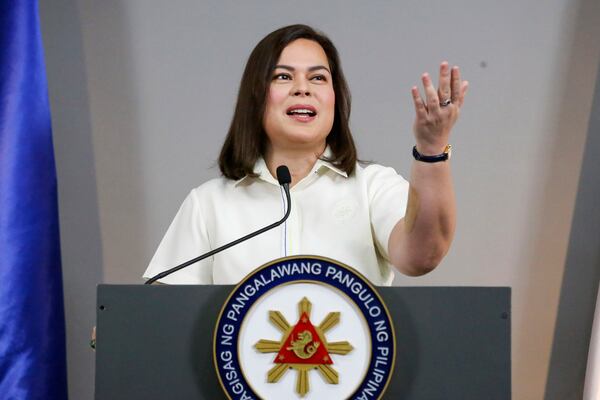 Philippine Vice President Sara Duterte gestures as she speaks during a press conference in Manila, Philippines Friday, Feb. 7, 2025. (AP Photo/Basilio Sepe)