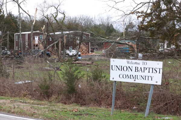 Several homes and other pieces of property were damaged along Lee County Rd. 154 in the Union Baptist Community near Shannon, Miss. Sunday, Feb. 16, 2025. (Thomas Wells/The Northeast Mississippi Daily Journal via AP)