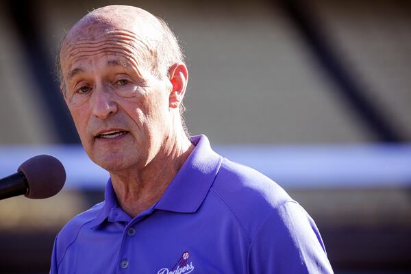 FILE - Los Angeles Dodgers President and CEO Stan Kasten speaks during a news conference at Dodger Stadium, Jan. 15, 2021, in Los Angeles. (Irfan Khan/Los Angeles Times via AP, Pool, File)