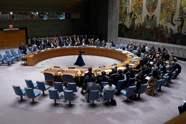 The UN Security Council votes, Monday, Feb. 24, 2025, at the United Nations headquarters. (AP Photo/Richard Drew)