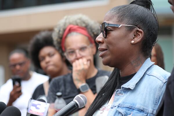 Keyana Dixon, sister of Tyre Nichols, speaks during a community rally in honor of Tyre, Thursday, May 8, 2025, in Memphis, Tenn. (AP Photo/Nikki Boertman)