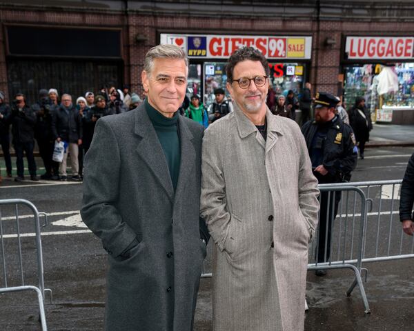 FILE - George Clooney, left, and Grant Heslov appear at the "Good Night, and Good Luck" Broadway cast announcement at the Winter Garden Theatre on Feb. 6, 2025, in New York. (Photo by Christopher Smith/Invision/AP, File)