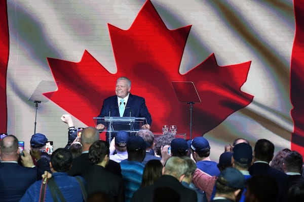 Ontario Progressive Conservative Leader Doug Ford speaks to supporters after he was re-elected as the Premier of Ontario in Toronto on Thursday, Feb. 27, 2025. (Chris Young/The Canadian Press via AP)