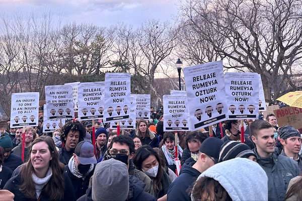 FILE - Hundreds of people gather in Somerville, Mass., on March 26, 2025, to demand the release of Rumeysa Ozturk, a Turkish student at Tufts University, who was arrested by federal agents Tuesday night. (AP Photo/Michael Casey, File)