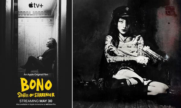 This combination of images shows promotional art for "Bono: Stories of Surrender", left, and "Evangelic Girl Is a Gun." (Apple TV+/Yeule via AP)