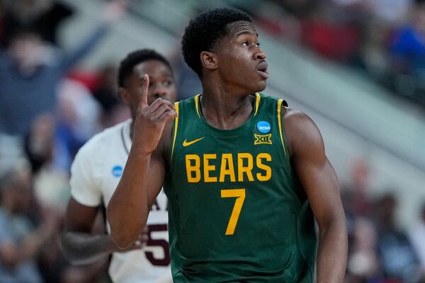 Baylor guard VJ Edgecombe celebrates after scoring against Mississippi State during the second half in the first round of the NCAA college basketball tournament, Friday, March 21, 2025, in Raleigh, N.C. (AP Photo/Chris Carlson)