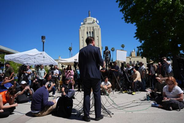 Los Angeles County District Attorney Nathan Hochman speaks outside of the courthouse after a hearing in the case of Erik and Lyle Menendez Friday, May 9, 2025, in Los Angeles. (AP Photo/Jae C. Hong)