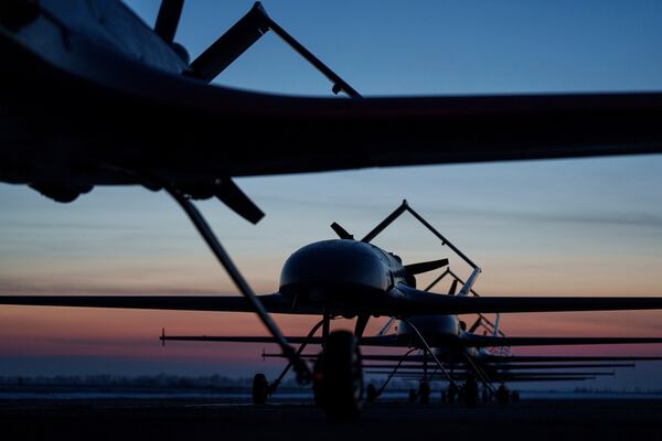 Long-range drones An-196 Liutyi of the Defence Intelligence of Ukraine stand in line before takeoff in undisclosed location, Ukraine, Feb. 28, 2025. (AP Photo/Evgeniy Maloletka)