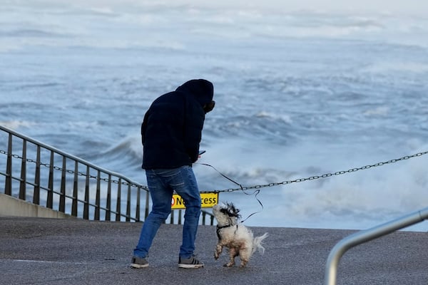 A man with his dog braves the wind as Storm Eowyn hits the country in Cleveleys, near Blackpool, England, Friday, Jan. 24, 2025.(AP Photo/Jon Super)