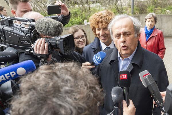 Former UEFA President, Michel Platini after the verdict at the special appeals court, in Muttenz, Switzerland, Tuesday, March 25, 2025. (Urs Flueeler/Keystone via AP)