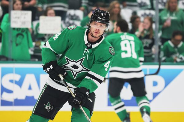 Dallas Stars defenseman Miro Heiskanen warms up before Game 4 of a second-round NHL hockey playoff series against the Winnipeg Jets in Dallas, Tuesday, May 13, 2025. (AP Photo/Gareth Patterson)