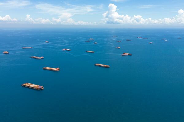 Barges loaded with nickel ore are anchored off Kabaena Island in South Sulawesi, Indonesia, Saturday, Nov. 16, 2024. (AP Photo/Yusuf Wahil)