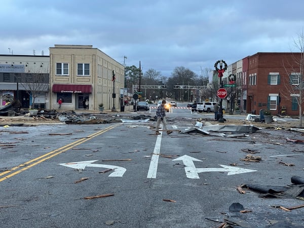 Damage from a storm through that rolled through the night before is seen at the heart of downtown on Sunday, Dec. 29, 2024, in Athens, Ala. (AP Photo/Lance George)